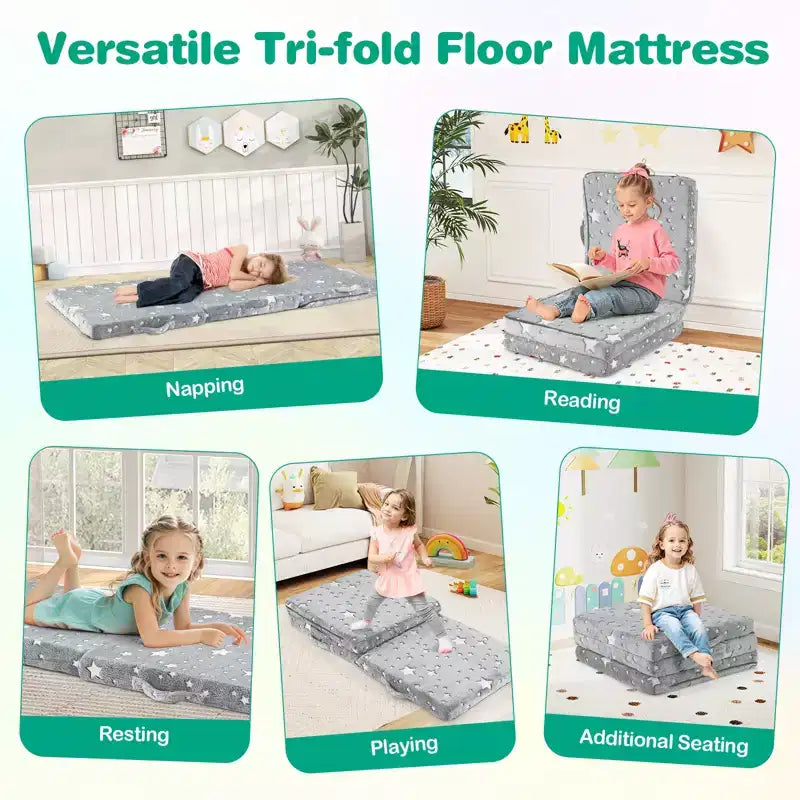 Matelas de sol pliable pour enfants, phosphorescent, pour la sieste des tout-petits, pliable en trois, coloré/gris/rose