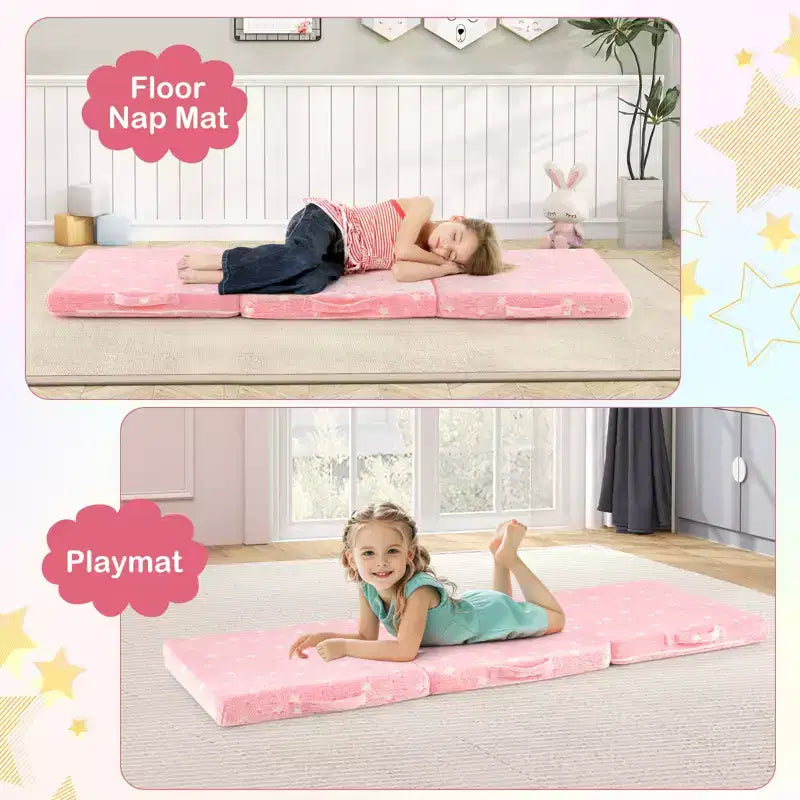 Matelas de sol pliable pour enfants, phosphorescent, pour la sieste des tout-petits, pliable en trois, coloré/gris/rose