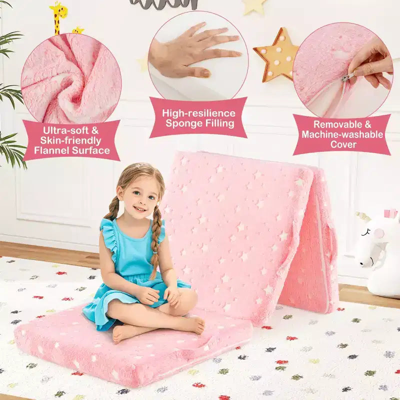 Matelas de sol pliable pour enfants, phosphorescent, pour la sieste des tout-petits, pliable en trois, coloré/gris/rose