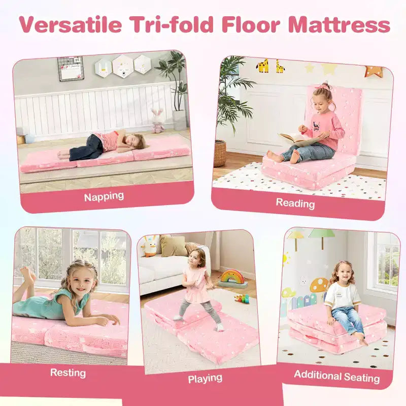 Matelas de sol pliable pour enfants, phosphorescent, pour la sieste des tout-petits, pliable en trois, coloré/gris/rose