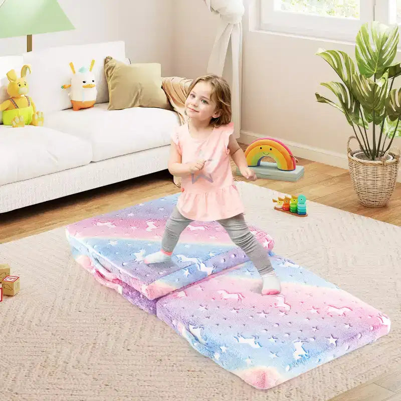 Foldable Floor Mattress for Kids Glow in the Dark Toddler Nap Mat Tri-Folding Colorful/Grey/Pink