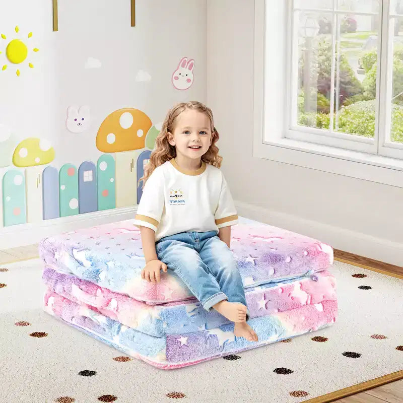 Foldable Floor Mattress for Kids Glow in the Dark Toddler Nap Mat Tri-Folding Colorful/Grey/Pink