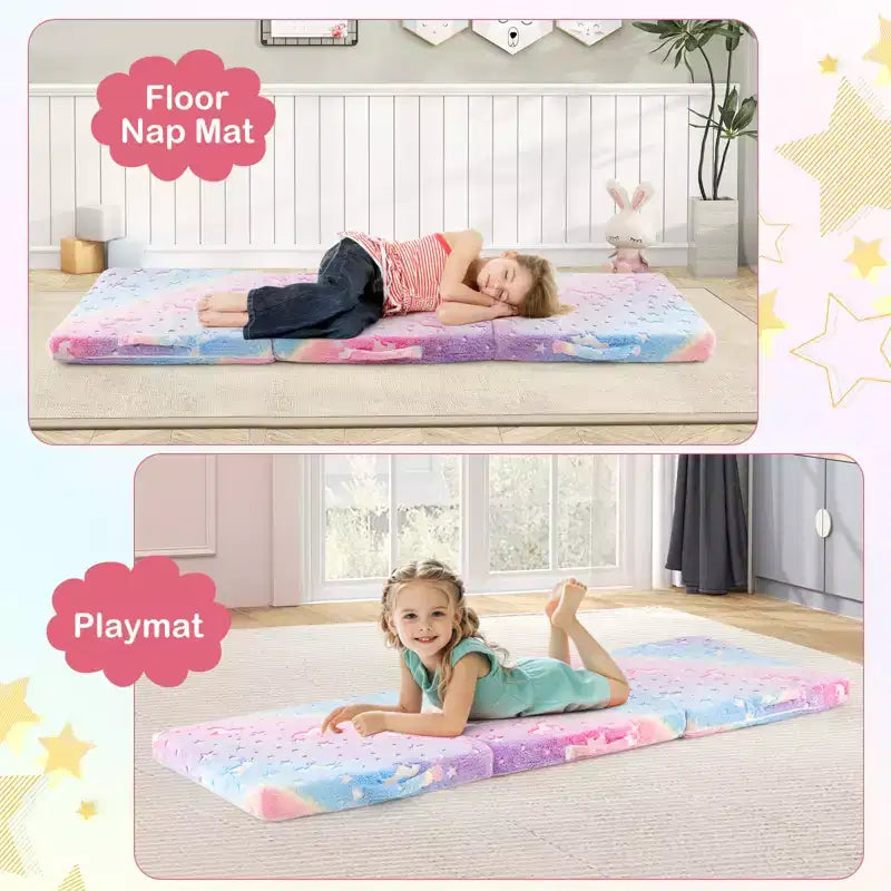 Foldable Floor Mattress for Kids Glow in the Dark Toddler Nap Mat Tri-Folding Colorful/Grey/Pink