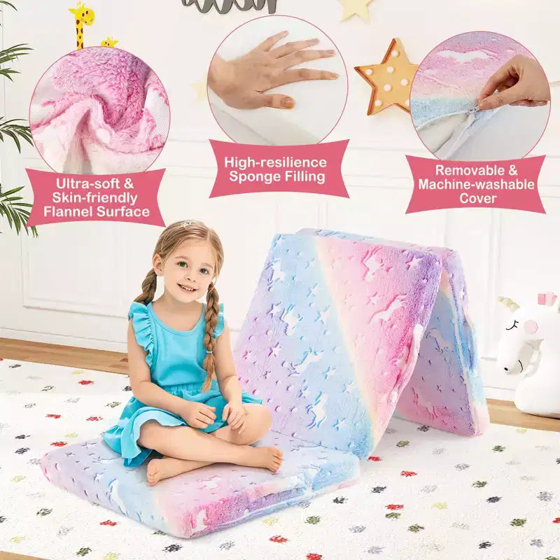 Matelas de sol pliable pour enfants, phosphorescent, pour la sieste des tout-petits, pliable en trois, coloré/gris/rose