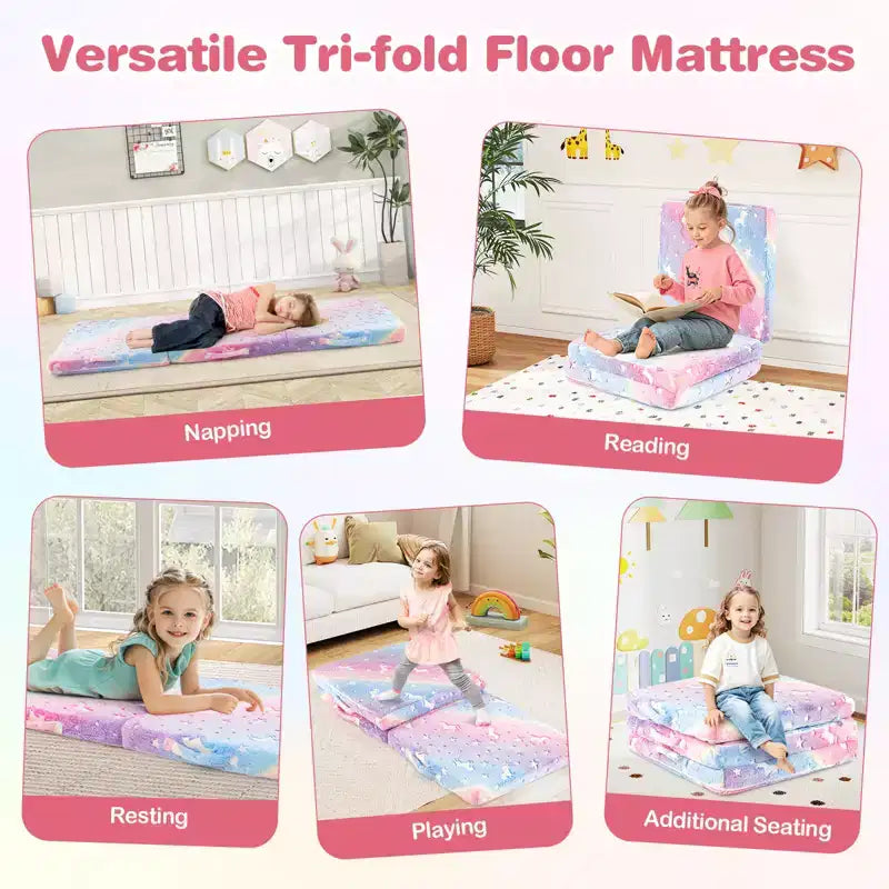 Matelas de sol pliable pour enfants, phosphorescent, pour la sieste des tout-petits, pliable en trois, coloré/gris/rose