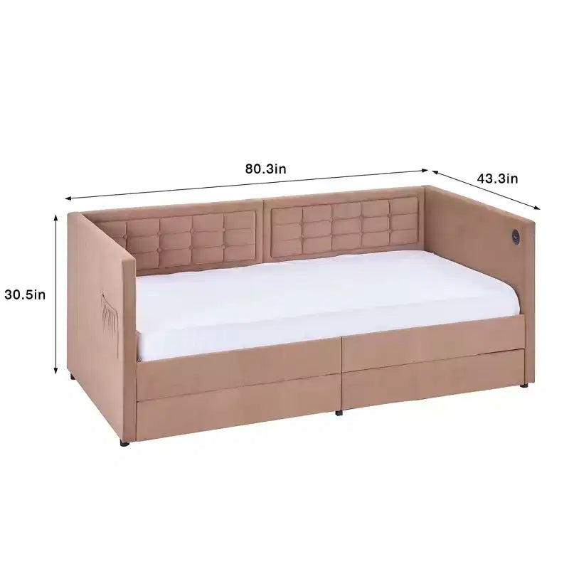 Twin Daybed with Storage Drawers, Upholstered Day Bed with Button Tufted headboard for Living Room/Bedroom, Built-in USB & Type C Ports, Brown