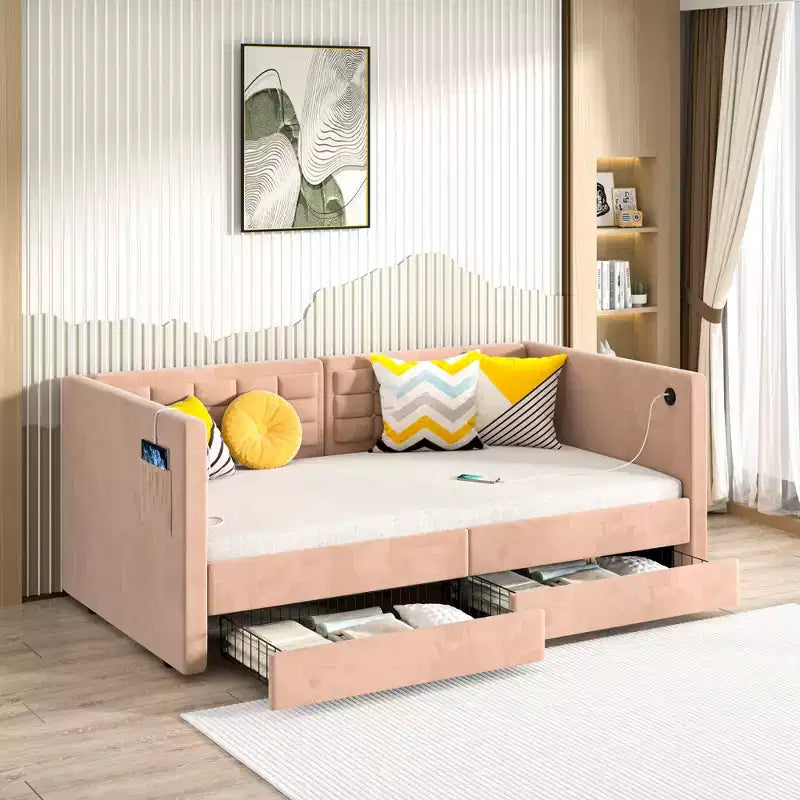 Twin Daybed with Storage Drawers, Upholstered Day Bed with Button Tufted headboard for Living Room/Bedroom, Built-in USB & Type C Ports, Brown