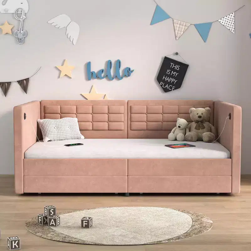 Twin Daybed with Storage Drawers, Upholstered Day Bed with Button Tufted headboard for Living Room/Bedroom, Built-in USB & Type C Ports, Brown