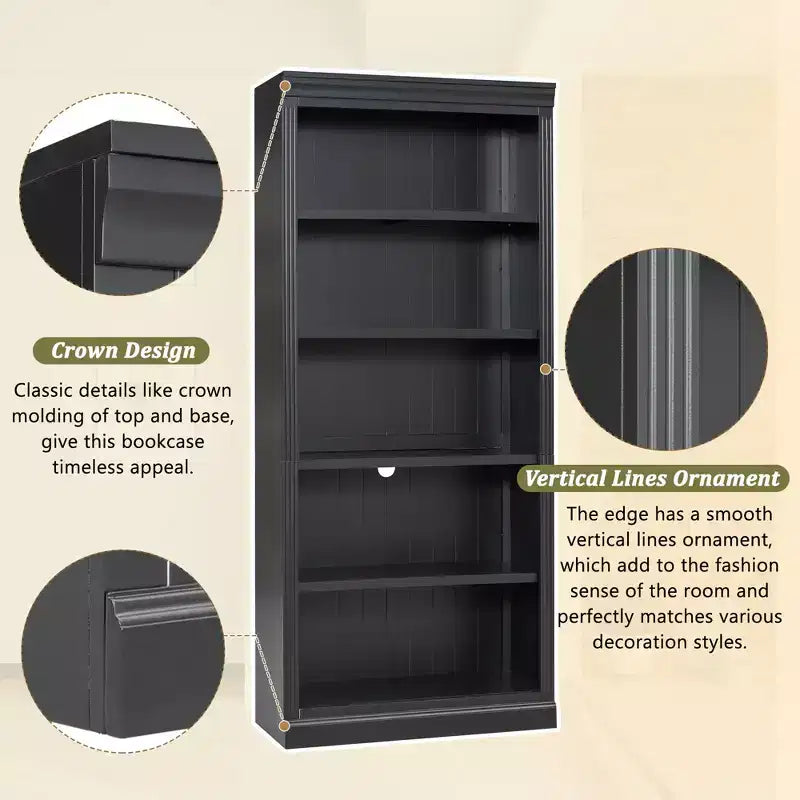 83.4 Tall Wooden Bookcase with LED Light Strip, 5-Tier Adjustable Bookshelves & Storage Organizer for Living Room & Home Office