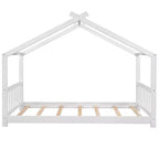 Twin/Full Size Platform Bed, House-Shaped Wooden Play Bed Frame with Headboard, Footboard, and Roof Design