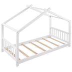 Twin/Full Size Platform Bed, House-Shaped Wooden Play Bed Frame with Headboard, Footboard, and Roof Design
