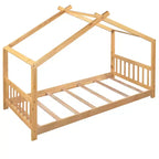 Twin/Full Size Platform Bed, House-Shaped Wooden Play Bed Frame with Headboard, Footboard, and Roof Design
