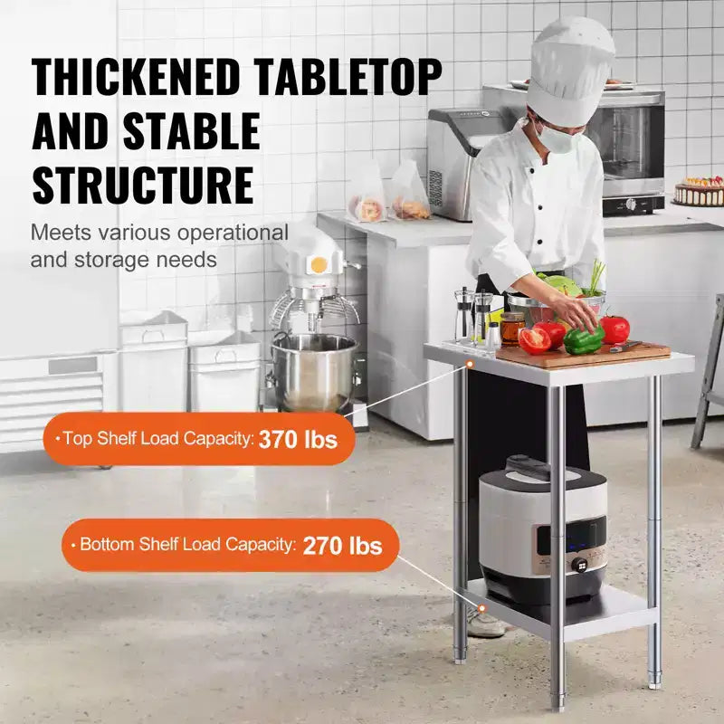 Stainless Steel Prep Table, 24 x 18 x 34 Inch, 640 lbs Load Capacity, Heavy Duty Metal Worktable with 3 Adjustable Height Levels