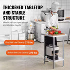 Stainless Steel Prep Table, 24 x 18 x 34 Inch, 640 lbs Load Capacity, Heavy Duty Metal Worktable with 3 Adjustable Height Levels