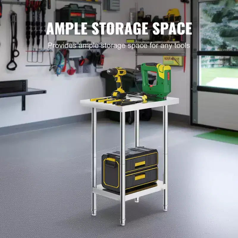 Stainless Steel Prep Table, 24 x 18 x 34 Inch, 640 lbs Load Capacity, Heavy Duty Metal Worktable with 3 Adjustable Height Levels