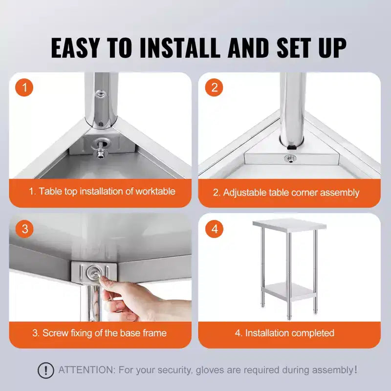 Stainless Steel Prep Table, 24 x 18 x 34 Inch, 640 lbs Load Capacity, Heavy Duty Metal Worktable with 3 Adjustable Height Levels