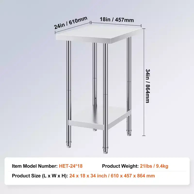 Stainless Steel Prep Table, 24 x 18 x 34 Inch, 640 lbs Load Capacity, Heavy Duty Metal Worktable with 3 Adjustable Height Levels