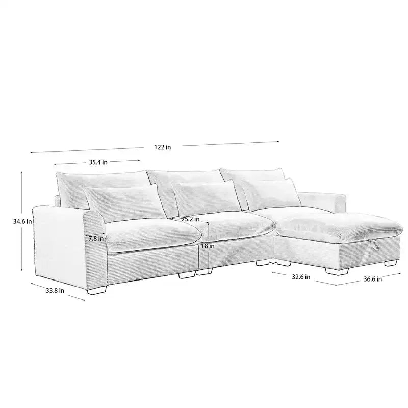Ultimate Comfort: Corduroy L-Shape Sofa with Storage and 3 Plush Pillows