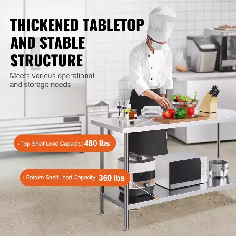 Stainless Steel Prep Table, 24 x 60 x 34 Inch, 840 lbs Load Capacity, Heavy Duty Metal Worktable with 3 Adjustable Height Levels