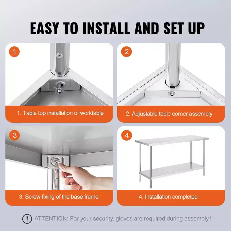 Stainless Steel Prep Table, 24 x 60 x 34 Inch, 840 lbs Load Capacity, Heavy Duty Metal Worktable with 3 Adjustable Height Levels