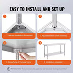 Stainless Steel Prep Table, 24 x 60 x 34 Inch, 840 lbs Load Capacity, Heavy Duty Metal Worktable with 3 Adjustable Height Levels