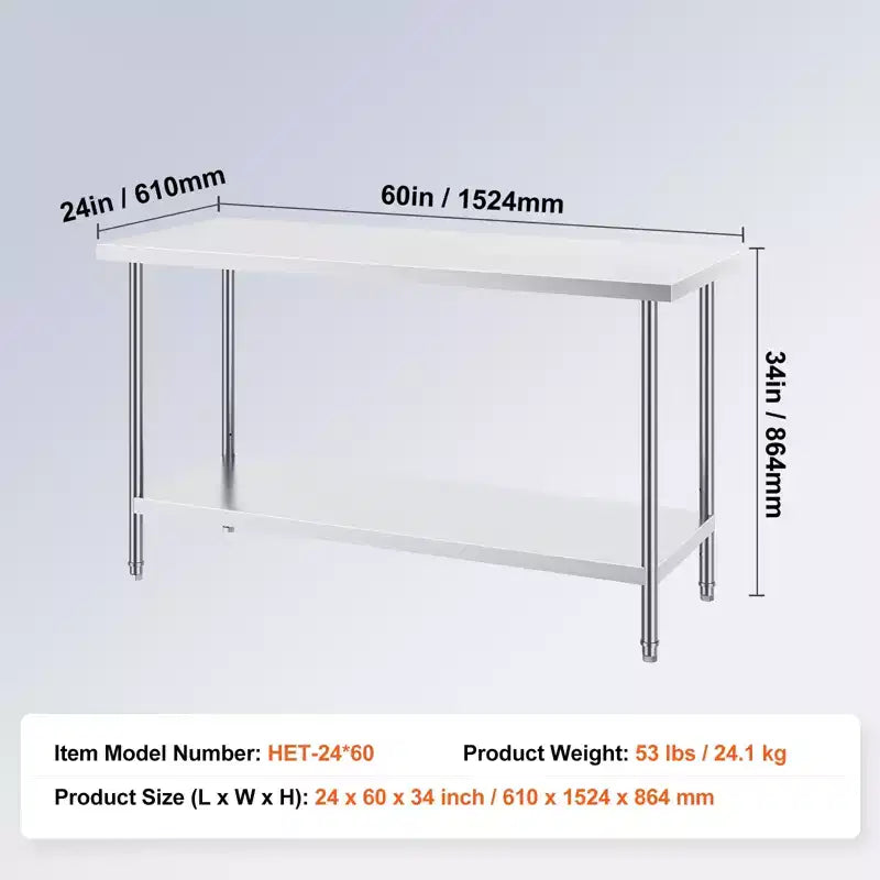 Stainless Steel Prep Table, 24 x 60 x 34 Inch, 840 lbs Load Capacity, Heavy Duty Metal Worktable with 3 Adjustable Height Levels