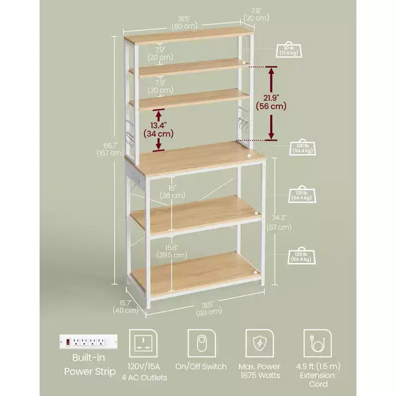 Bakers Rack - 31.5 - Inch Coffee Bar with Power Outlet. 6 - Tier Kitchen Shelves with 6 Hooks, Perfect as Microwave Stand