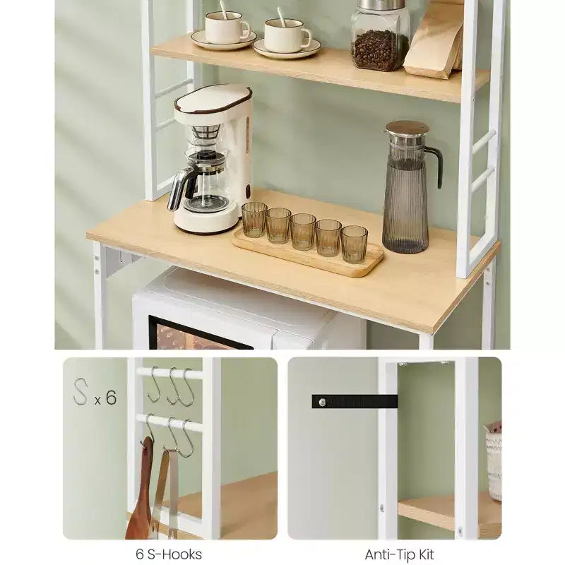 Bakers Rack - 31.5 - Inch Coffee Bar with Power Outlet. 6 - Tier Kitchen Shelves with 6 Hooks, Perfect as Microwave Stand