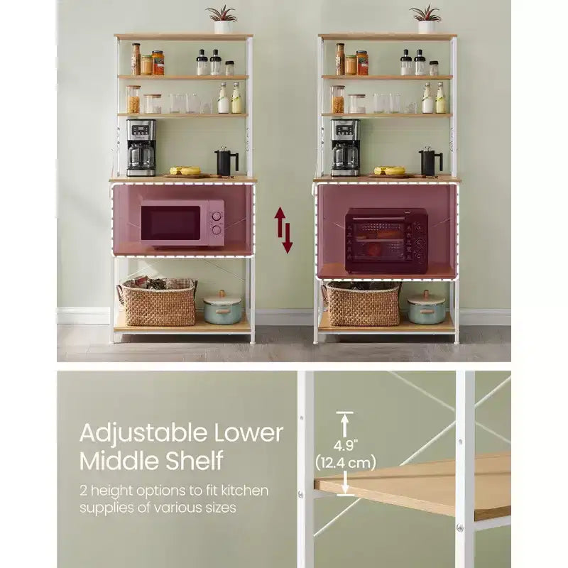 Bakers Rack - 31.5 - Inch Coffee Bar with Power Outlet. 6 - Tier Kitchen Shelves with 6 Hooks, Perfect as Microwave Stand