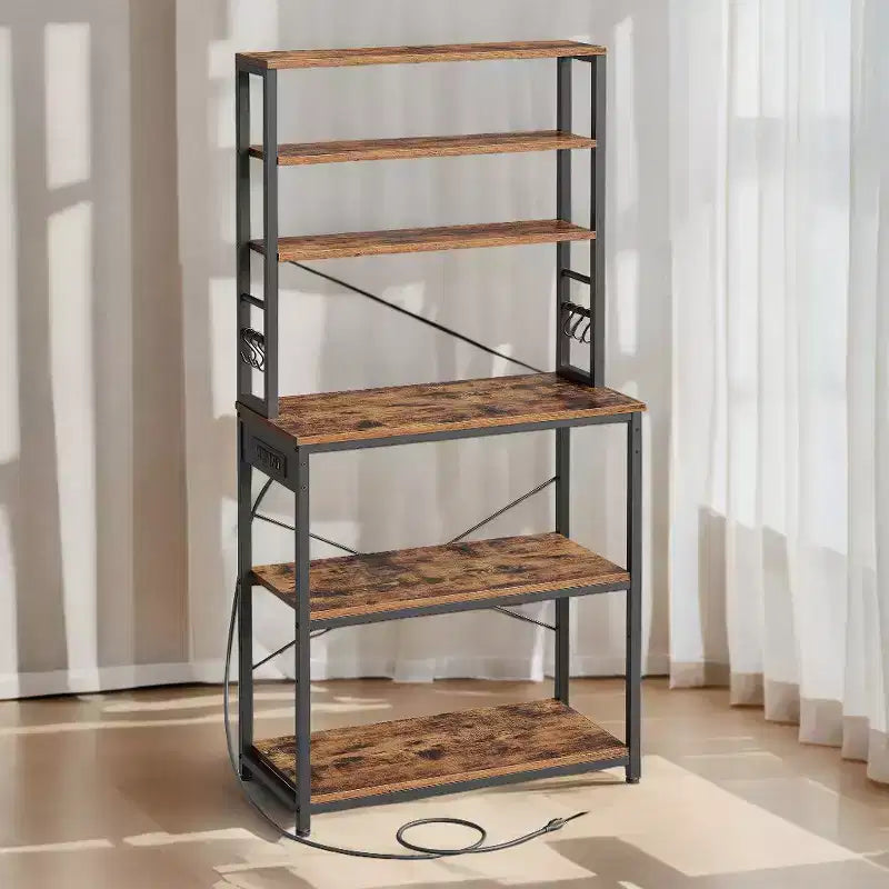 Bakers Rack - 31.5 - Inch Coffee Bar with Power Outlet. 6 - Tier Kitchen Shelves with 6 Hooks, Perfect as Microwave Stand