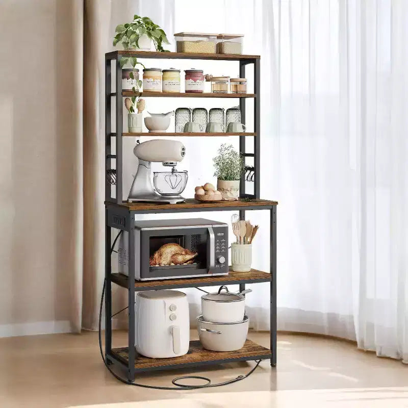 Bakers Rack - 31.5 - Inch Coffee Bar with Power Outlet. 6 - Tier Kitchen Shelves with 6 Hooks, Perfect as Microwave Stand