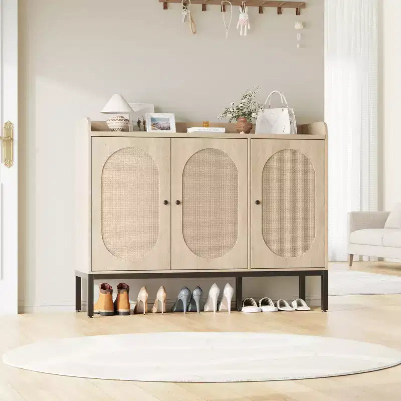 Shoe Cabinet with 3 Rattan Doors, Freestanding Shoe Storage Organizer with Adjustable Shelves, 7-Tier Shoe Storage Cabinet for Entryway, Living Room