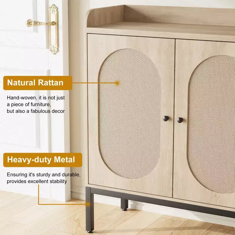 Shoe Cabinet with 3 Rattan Doors, Freestanding Shoe Storage Organizer with Adjustable Shelves, 7-Tier Shoe Storage Cabinet for Entryway, Living Room