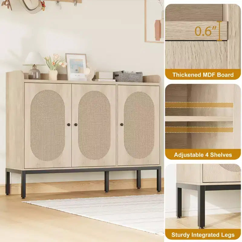 Shoe Cabinet with 3 Rattan Doors, Freestanding Shoe Storage Organizer with Adjustable Shelves, 7-Tier Shoe Storage Cabinet for Entryway, Living Room