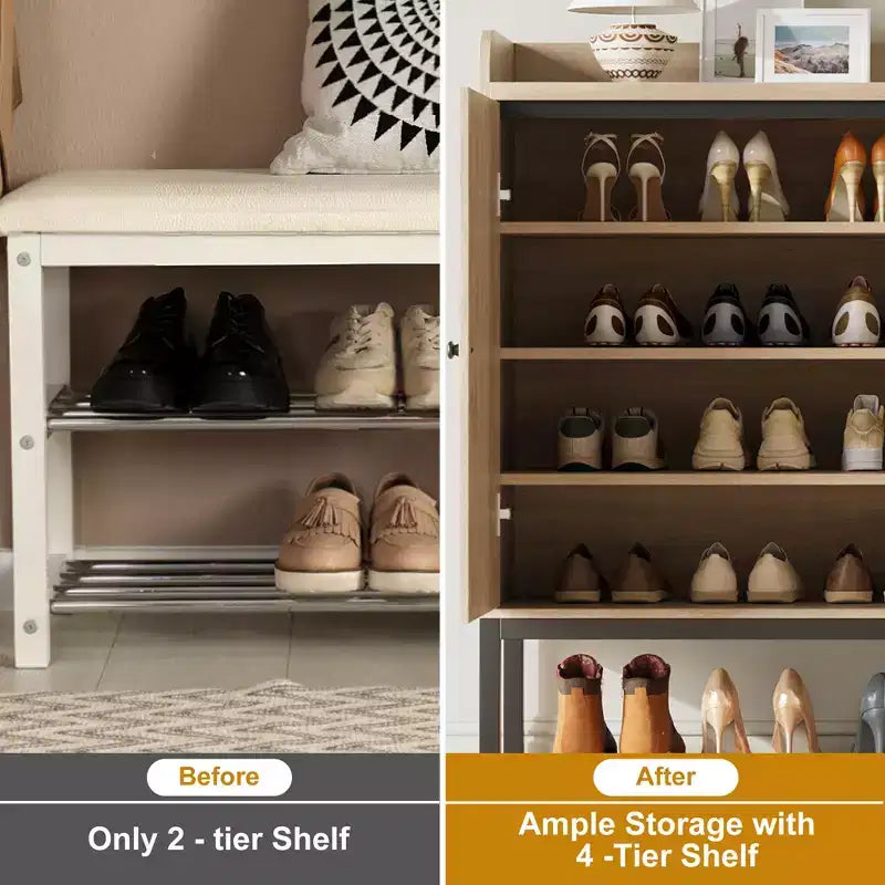 Shoe Cabinet with 3 Rattan Doors, Freestanding Shoe Storage Organizer with Adjustable Shelves, 7-Tier Shoe Storage Cabinet for Entryway, Living Room