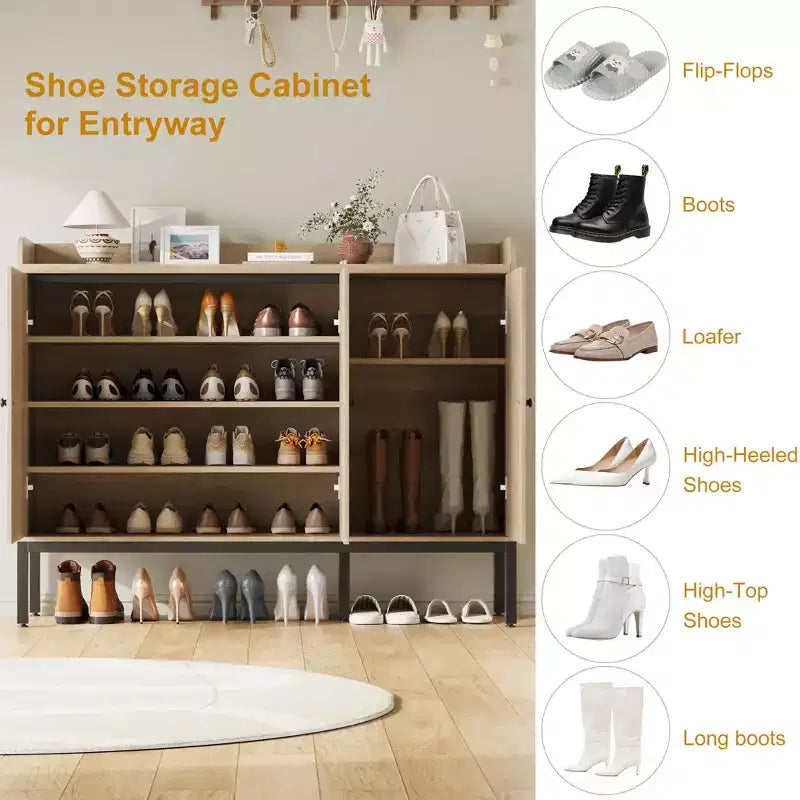 Shoe Cabinet with 3 Rattan Doors, Freestanding Shoe Storage Organizer with Adjustable Shelves, 7-Tier Shoe Storage Cabinet for Entryway, Living Room