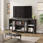 Meuble TV moderne pour téléviseur de 65 pouces, meuble de divertissement noir avec étagères de rangement et portes en verre, console multimédia en bois pour salon