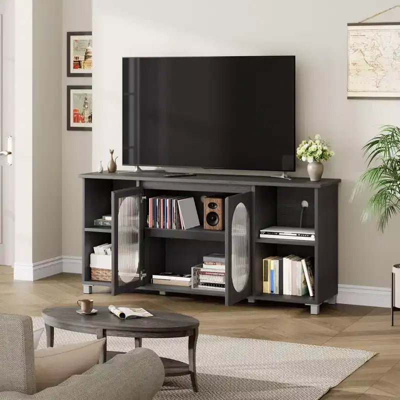 Meuble TV moderne pour téléviseur de 65 pouces, meuble de divertissement noir avec étagères de rangement et portes en verre, console multimédia en bois pour salon