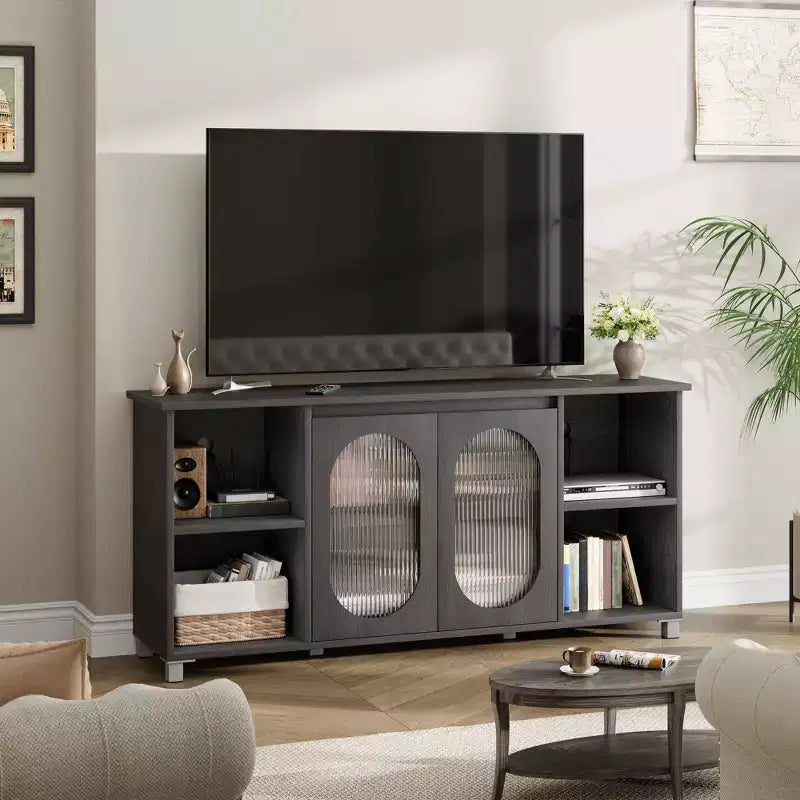 Meuble TV moderne pour téléviseur de 65 pouces, meuble de divertissement noir avec étagères de rangement et portes en verre, console multimédia en bois pour salon