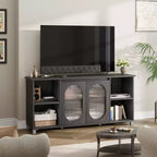Meuble TV moderne pour téléviseur de 65 pouces, meuble de divertissement noir avec étagères de rangement et portes en verre, console multimédia en bois pour salon