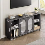 Meuble TV moderne pour téléviseur de 65 pouces, meuble de divertissement noir avec étagères de rangement et portes en verre, console multimédia en bois pour salon