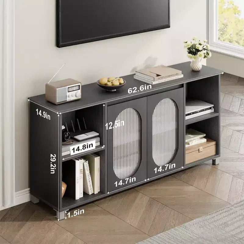 Meuble TV moderne pour téléviseur de 65 pouces, meuble de divertissement noir avec étagères de rangement et portes en verre, console multimédia en bois pour salon