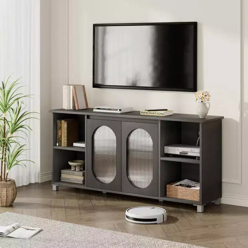 Meuble TV moderne pour téléviseur de 65 pouces, meuble de divertissement noir avec étagères de rangement et portes en verre, console multimédia en bois pour salon