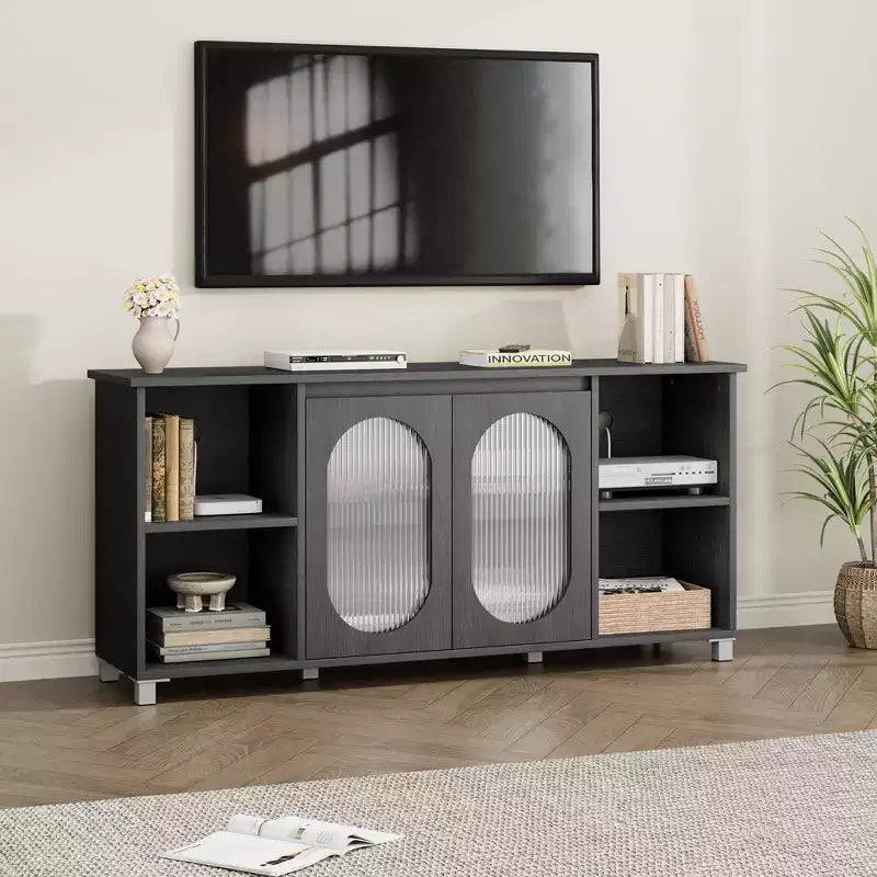 Meuble TV moderne pour téléviseur de 65 pouces, meuble de divertissement noir avec étagères de rangement et portes en verre, console multimédia en bois pour salon