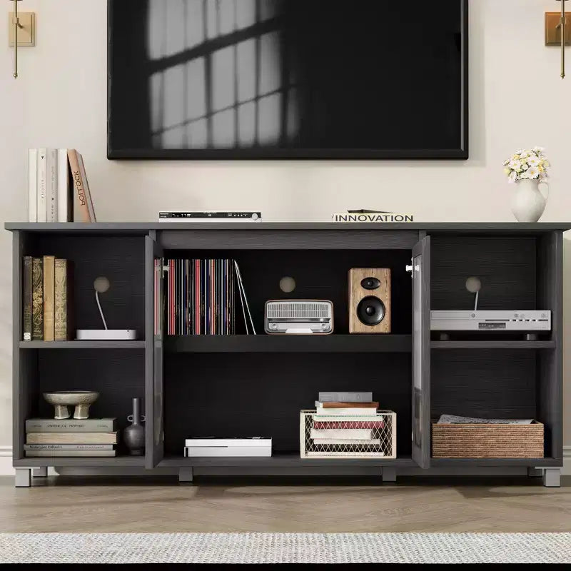 Meuble TV moderne pour téléviseur de 65 pouces, meuble de divertissement noir avec étagères de rangement et portes en verre, console multimédia en bois pour salon