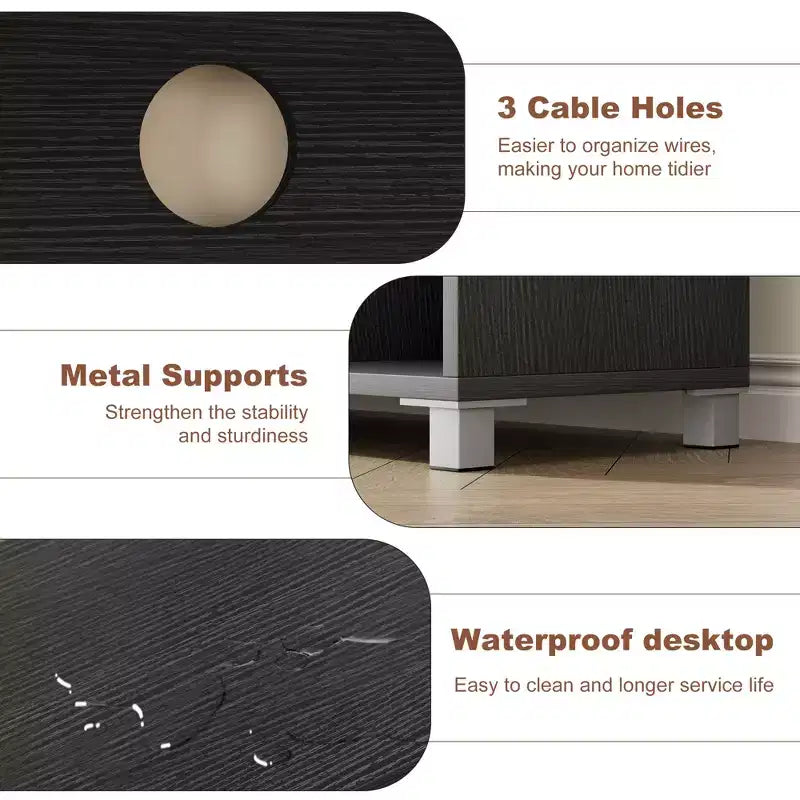 Meuble TV moderne pour téléviseur de 65 pouces, meuble de divertissement noir avec étagères de rangement et portes en verre, console multimédia en bois pour salon