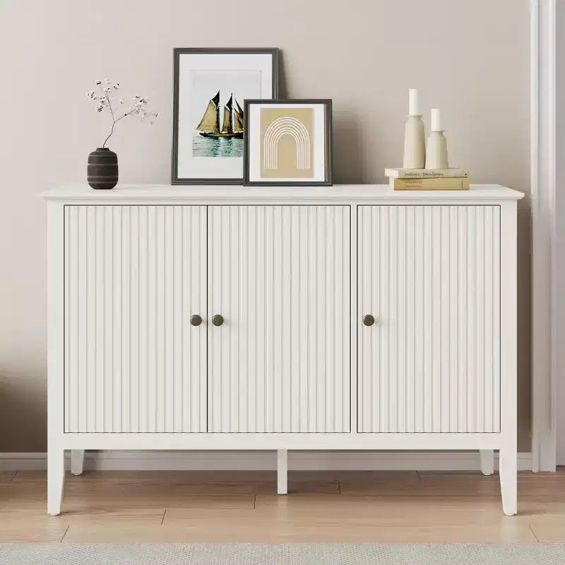 Fluted 3-Door Cabinet, Modern White Buffet Cabinet with Adjustable Shelves & Metal Knobs, Sideboard Coffee Bar Cabinet, Storage Cabinet,White
