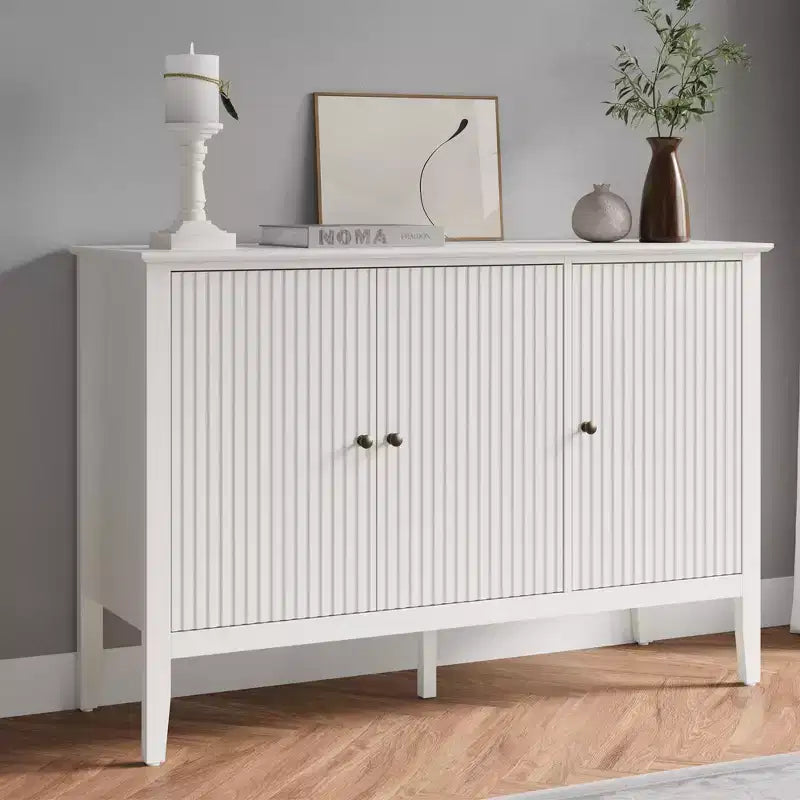Fluted 3-Door Cabinet, Modern White Buffet Cabinet with Adjustable Shelves & Metal Knobs, Sideboard Coffee Bar Cabinet, Storage Cabinet,White