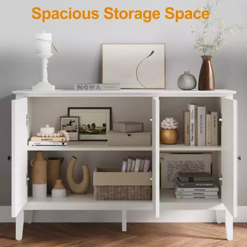 Fluted 3-Door Cabinet, Modern White Buffet Cabinet with Adjustable Shelves & Metal Knobs, Sideboard Coffee Bar Cabinet, Storage Cabinet,White