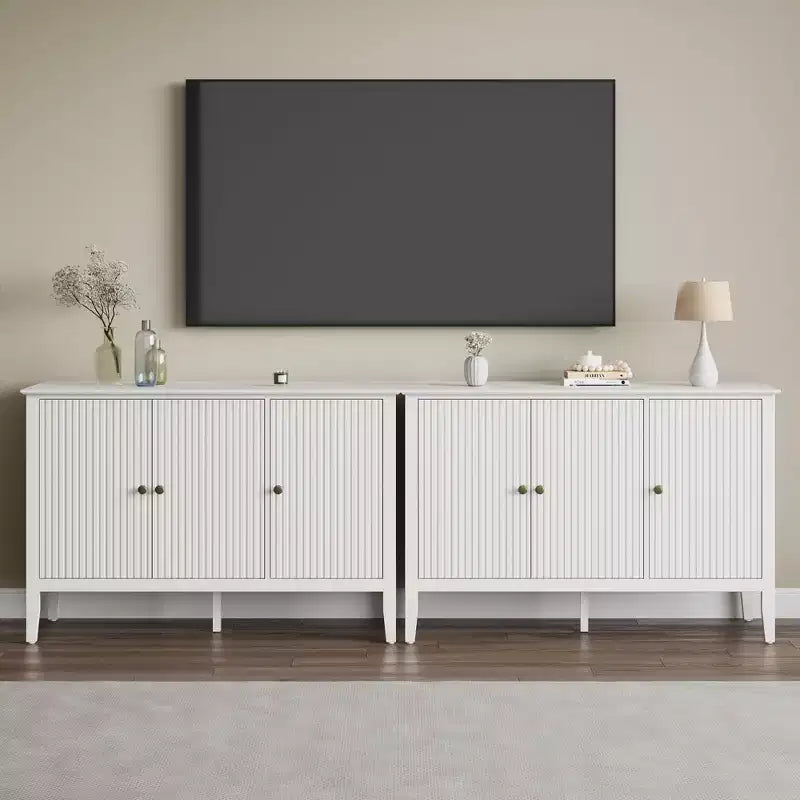 Fluted 3-Door Cabinet, Modern White Buffet Cabinet with Adjustable Shelves & Metal Knobs, Sideboard Coffee Bar Cabinet, Storage Cabinet,White